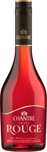 Eine elegante Flasche mit rotem Inhalt, die die Aufschrift 'CHANTRÉ CUVÉE ROUGE' in goldenen Buchstaben trägt.