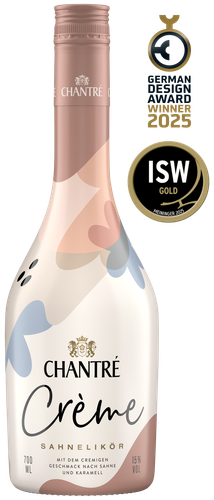 Eine elegante Flasche des Sahnelikörs CHANTRÉ mit einem modernen Design und sanften Farben, die an Sahne und Karamell erinnern.