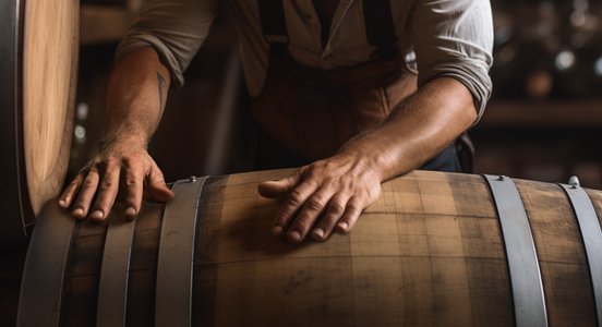 Ein bärtiger Mann in einem Holzlager beugt sich über ein Fass und untersucht sorgfältig die Holzoberfläche.