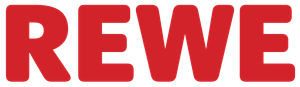 Das Logo zeigt den Schriftzug 'REWE' in großen, kräftigen roten Buchstaben auf schwarzem Hintergrund.