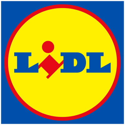 Das Logo von Lidl zeigt einen gelben Hintergrund mit einem roten Rand und blauen Buchstaben, die den Markennamen darstellen.