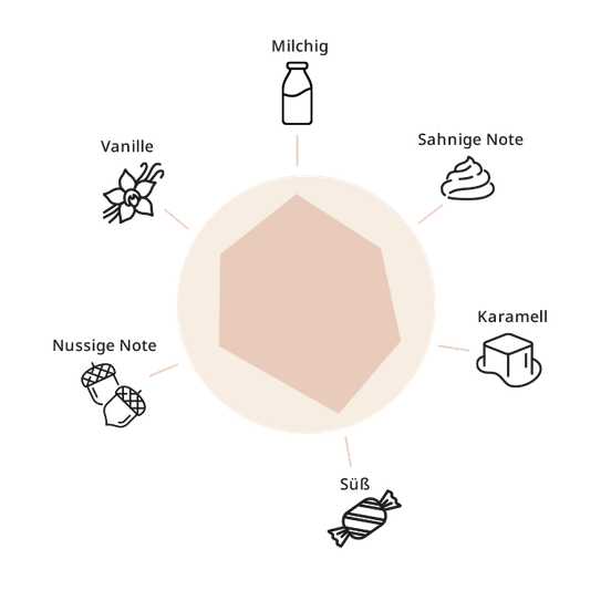 Das Diagramm illustriert Aromen wie süß, sahnig und nussig, die durch Icons und Beschriftungen klar dargestellt werden.