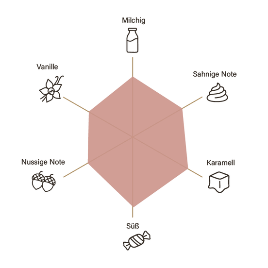 Ein sechseckiges Diagramm zeigt verschiedene Geschmacksnoten wie Milch, Vanille und Karamell in stilisierten Icons.