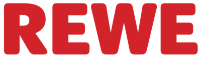 Das Logo zeigt den Schriftzug 'REWE' in großen, kräftigen roten Buchstaben auf schwarzem Hintergrund.