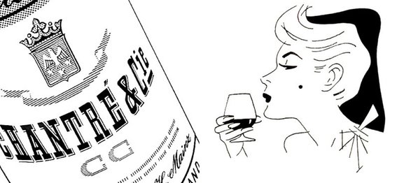 Eine stilisierte Frau mit einem Glas in der Hand genießt einen Drink, während sie eine Flasche im Hintergrund betrachtet.